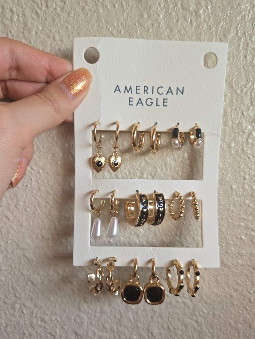 American Eagle Outfitters Gold and Black Mixed Hoop & Charm Earring Set